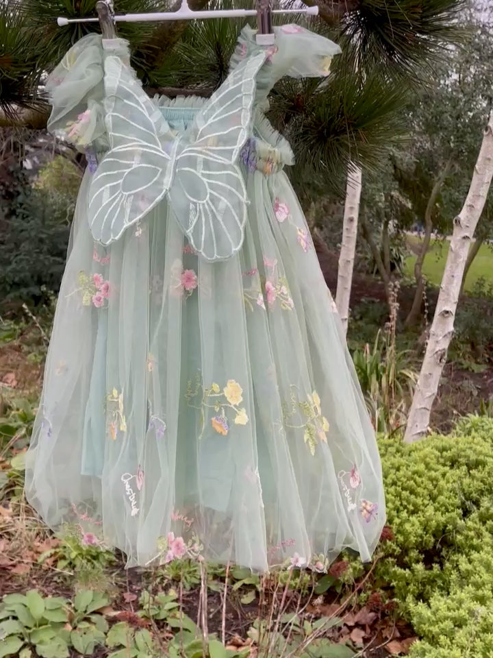 Girls Embroidered Tulle Light Sage Green Dress with wings. Beautiful Green Tulle Dress. Bridesmaid dress, flower girl dress, party dress.