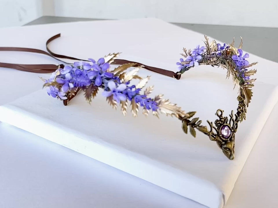 Elven purple tiara with deer head feature. Fairy crown for weddings, woodland party, renaissance fairs, woodland gatherings