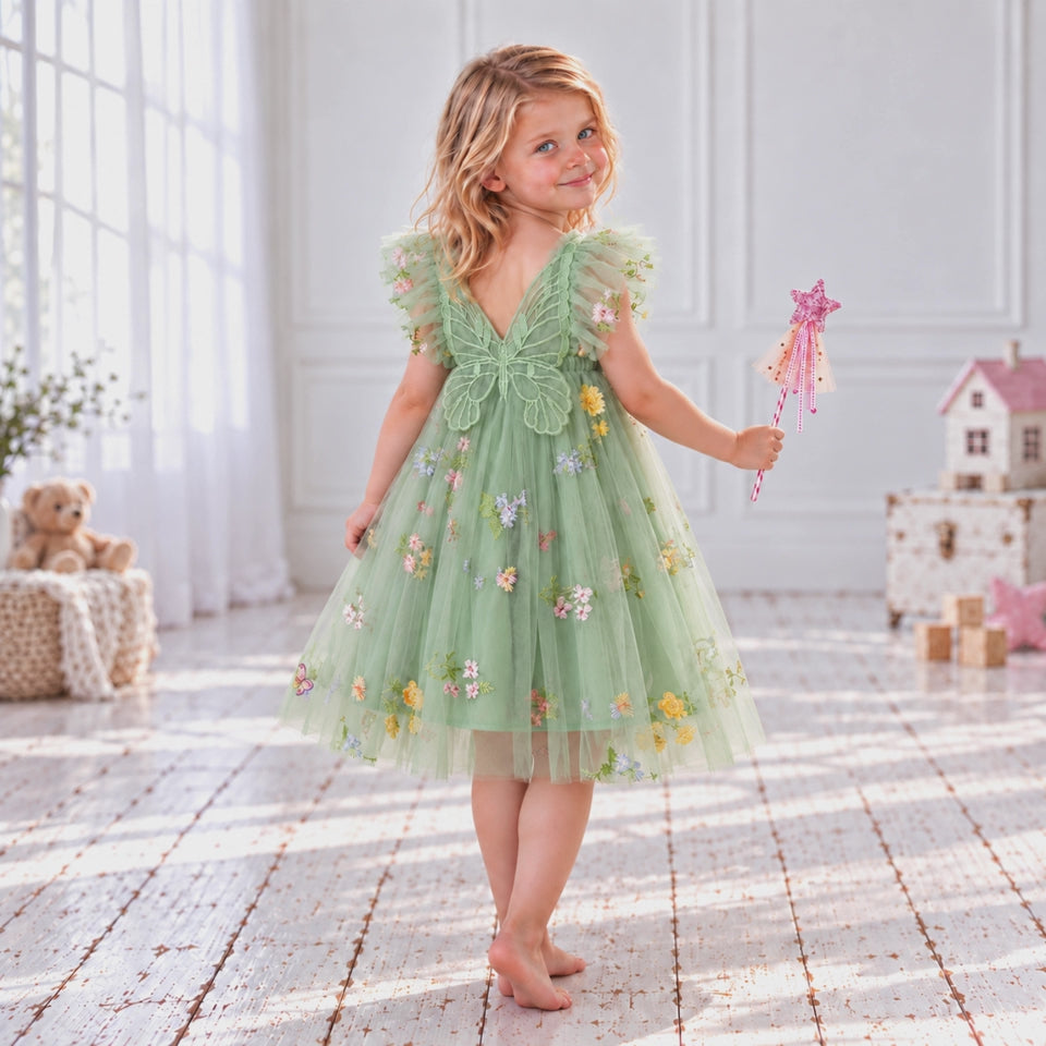 Enchanting Forest Fairy Dress for Girls | Sage Green Embroidered Tulle Dress with Butterfly Wings.