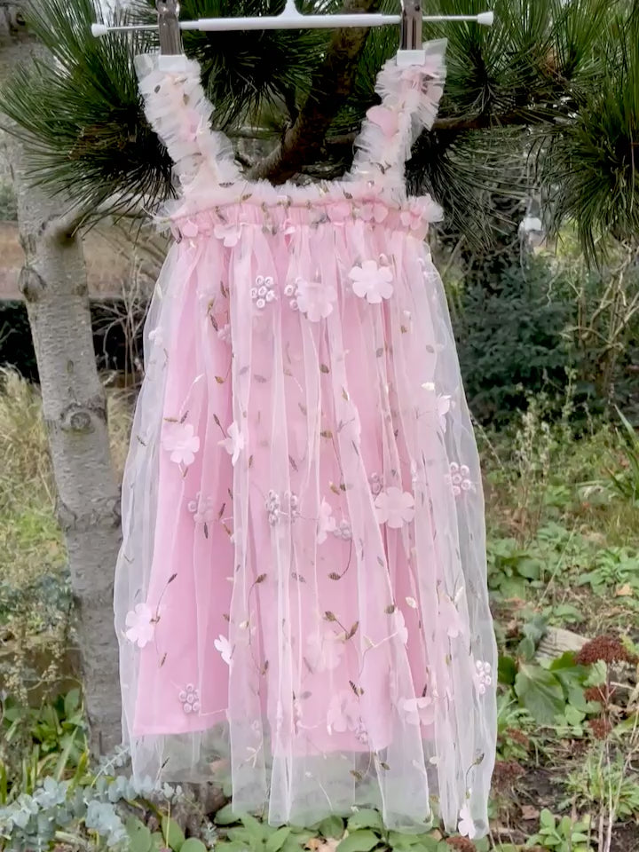 Girls Pink flower embroidered dress. Pink Tulle embroidered tulle dress for babies and young girls. 3D flower detail. Flower Girl dress