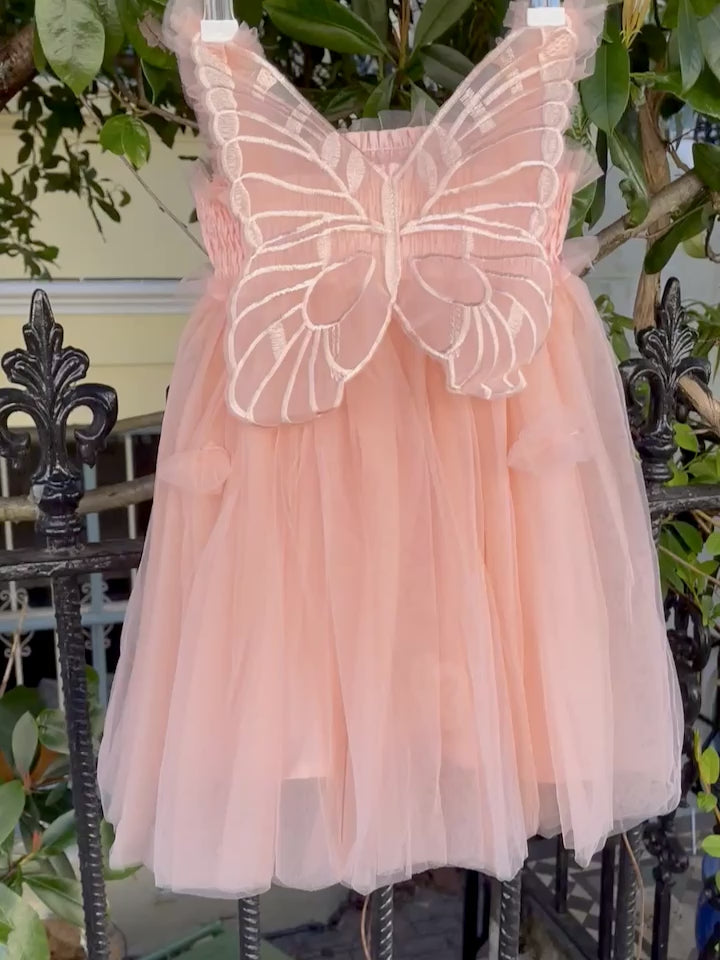 Girls Pink fairy wing dress. Beautiful Pastel Pink Tulle Dress with Butterfly wings on the back, party dress, bridesmaid dress, flower girl dress