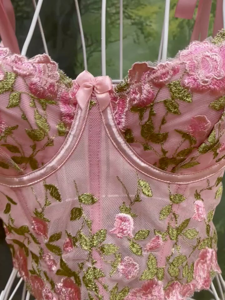 Floral Pink Corset with Sweet Pink Bows - Handmade in Pastel Pink