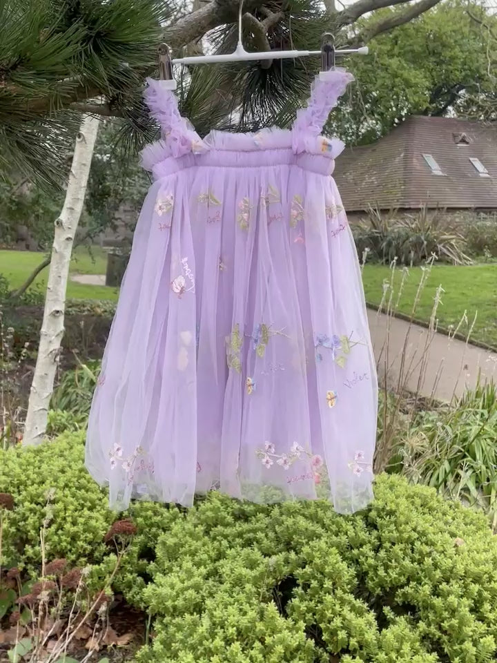 Girls Purple Flower Embroidered Dress and wings. Pretty Purple Tulle Dress with optional Embroidered Wings for Girls, toddlers and babies. Wild Daisy