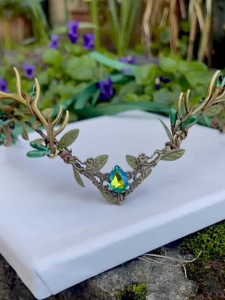 Deer antler crown, green crystal tiara
