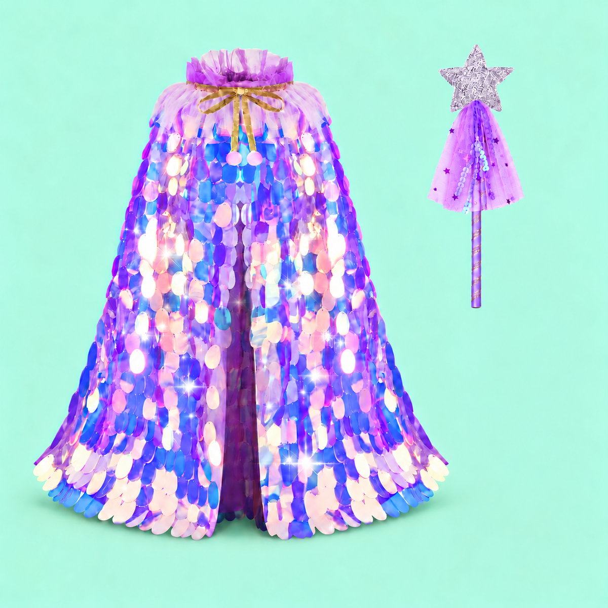 Girls’ Purple Sequin Cloak,  Fairy Cape with Optional Purple Wand & Pink Tutu