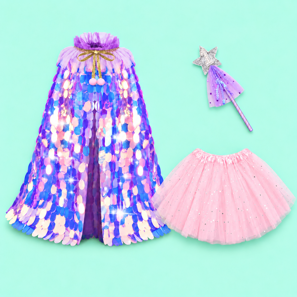 Girls’ Purple Sequin Cloak,  Fairy Cape with Optional Purple Wand & Pink Tutu