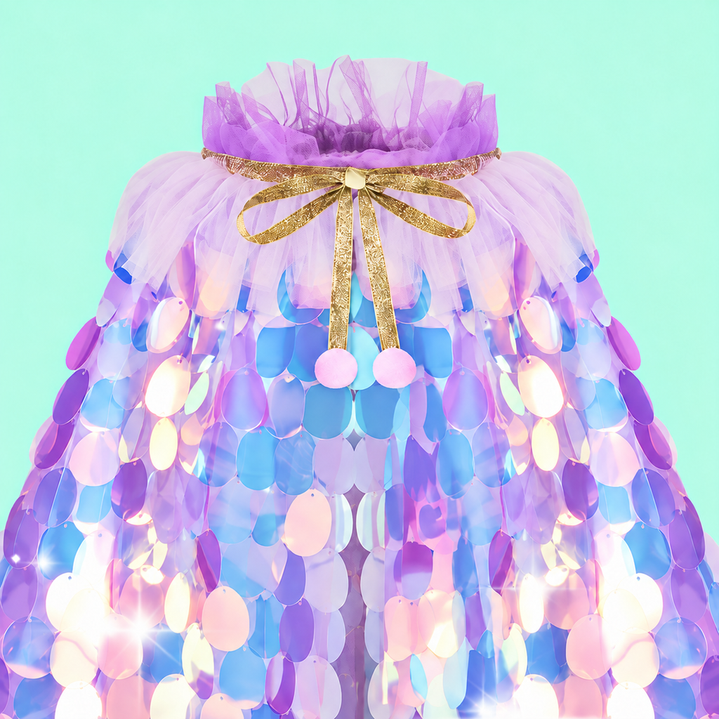 Girls’ Purple Sequin Cloak,  Fairy Cape with Optional Purple Wand & Pink Tutu