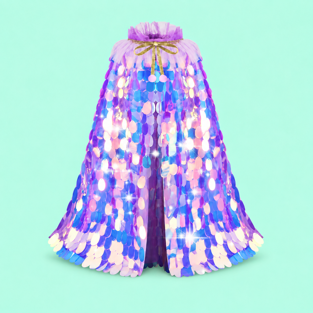 Girls’ Purple Sequin Cloak,  Fairy Cape with Optional Purple Wand & Pink Tutu