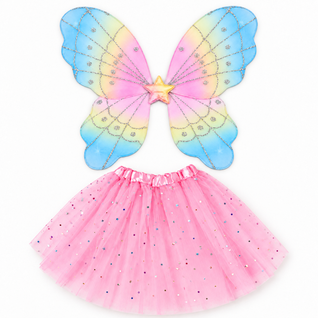 Girls’ Pastel Fairy Wings, Pink Star Tutu & Wand, Butterfly Fairy Dress-Up Set