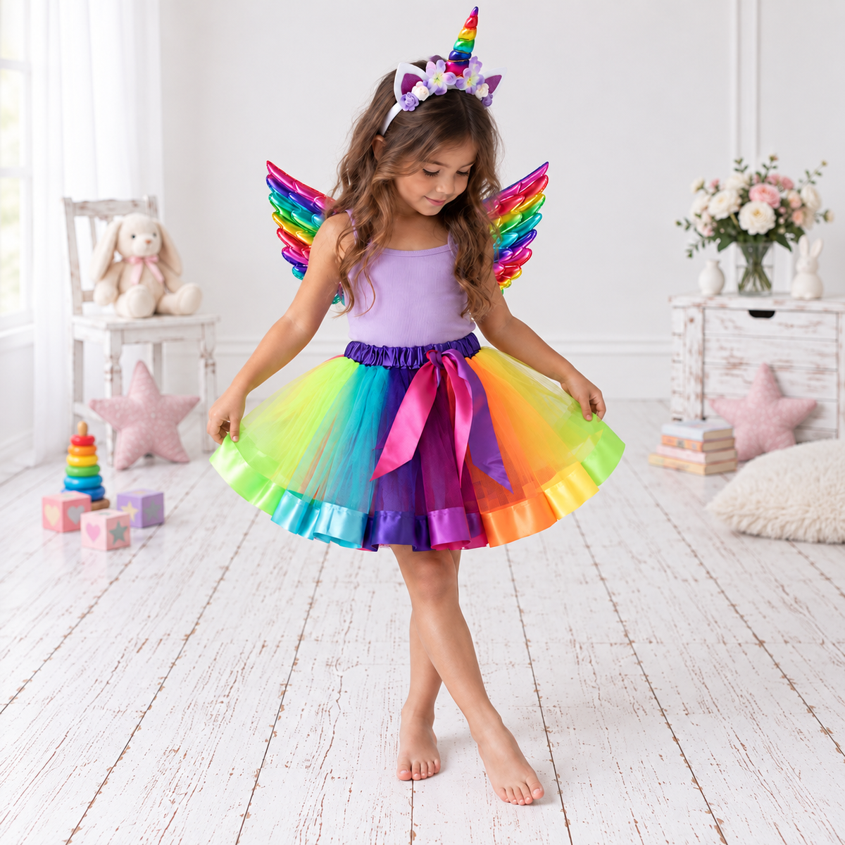 Rainbow Unicorn Costume Set for Girls | Metallic Wings, Colourful Tutu & Floral Horn Headband
