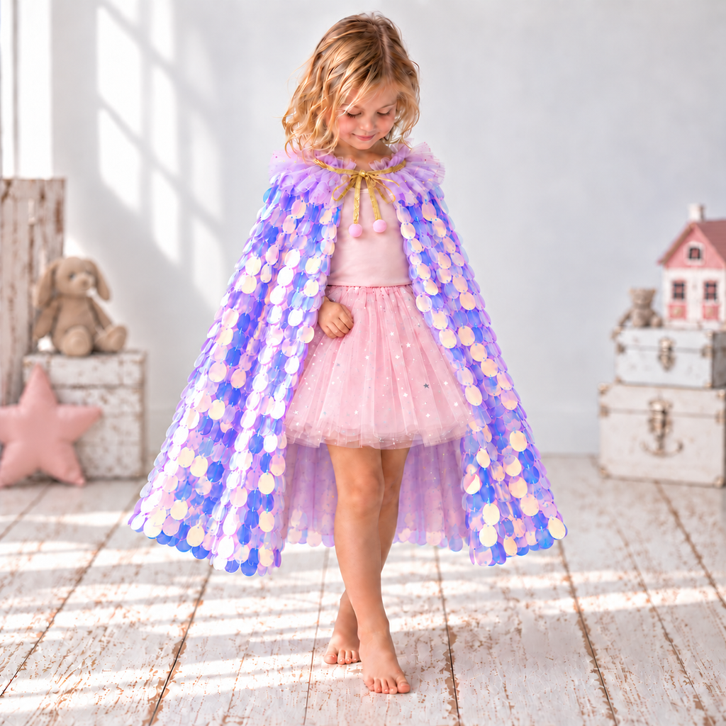 Girls’ Purple Sequin Cloak,  Fairy Cape with Optional Purple Wand & Pink Tutu