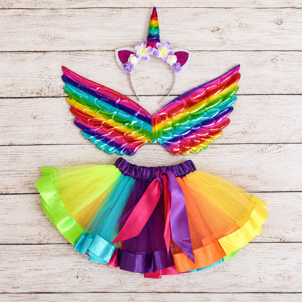 Rainbow Unicorn Costume Set for Girls | Metallic Wings, Colourful Tutu & Floral Horn Headband