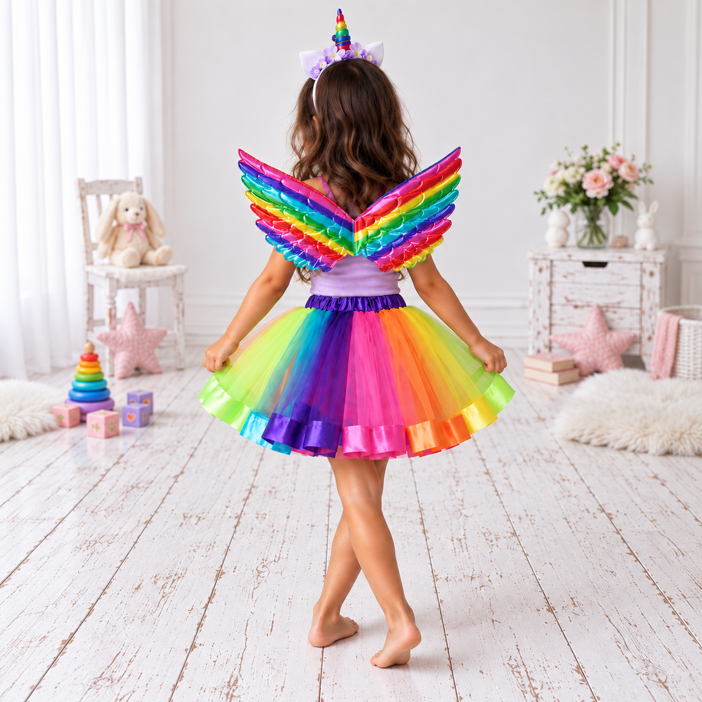 Rainbow Unicorn Costume Set for Girls | Metallic Wings, Colourful Tutu & Floral Horn Headband