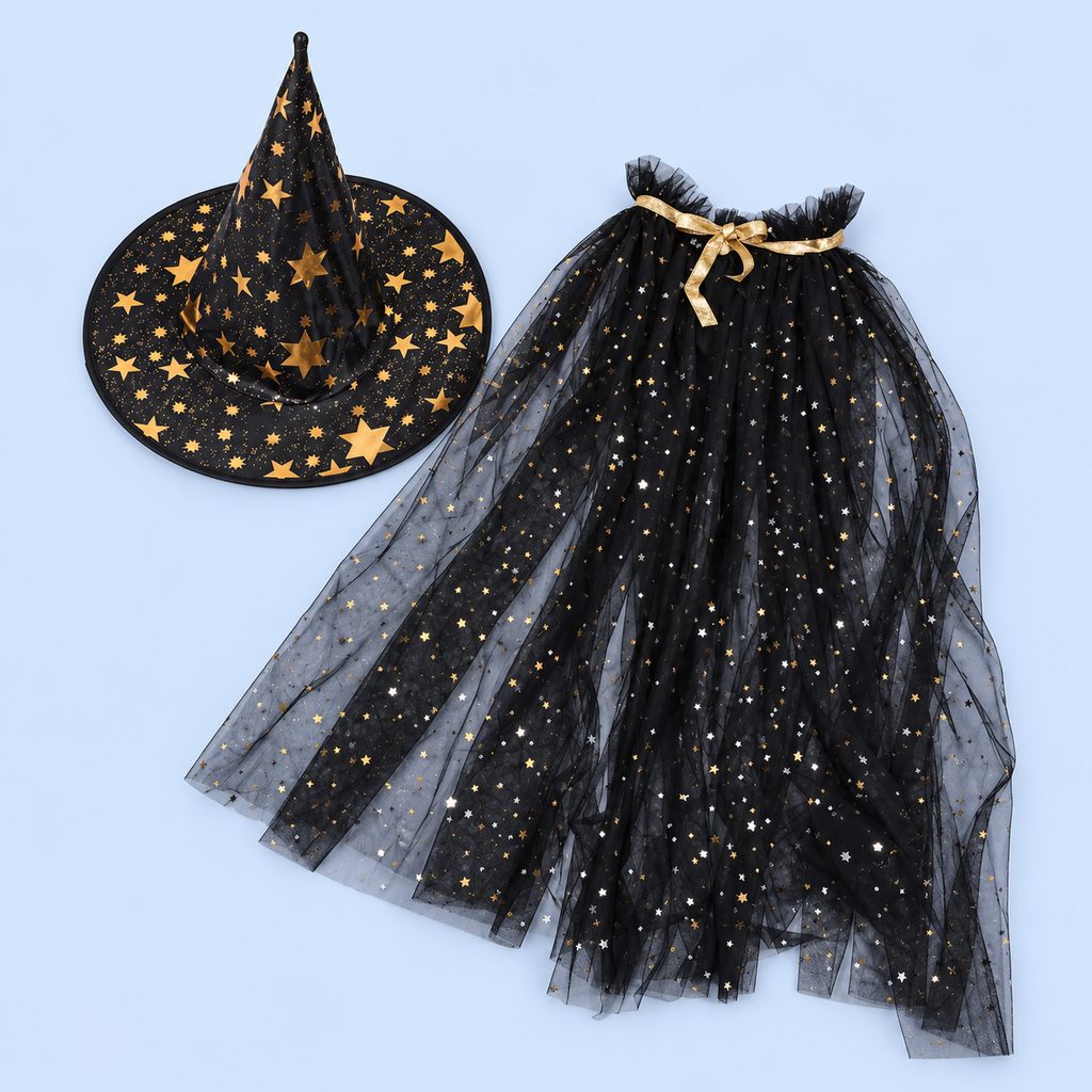 A black starry wizards hat and matching cloak. The cloak has 1 transparent black layers scattered with gold and silver stars, a ruffled neckline, gold edging and a gold bow. The matching pointed hat is available separately or as part of the set.