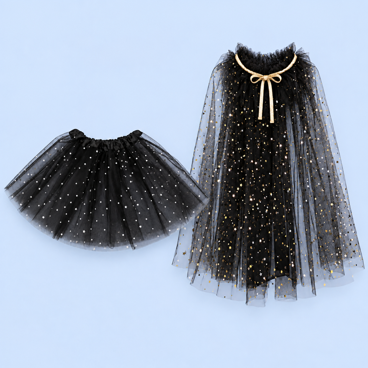 Boys and Girl’s Starry Witch and Wizard Costume Set | Black Tulle Tutu & Gold Star Cloak