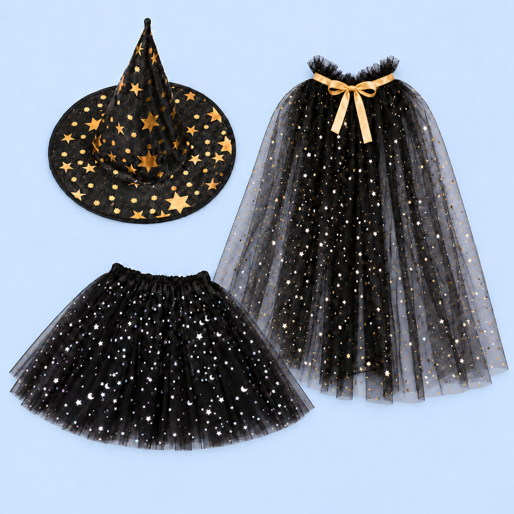 Boys and Girl’s Starry Witch and Wizard Costume Set | Black Tulle Tutu & Gold Star Cloak