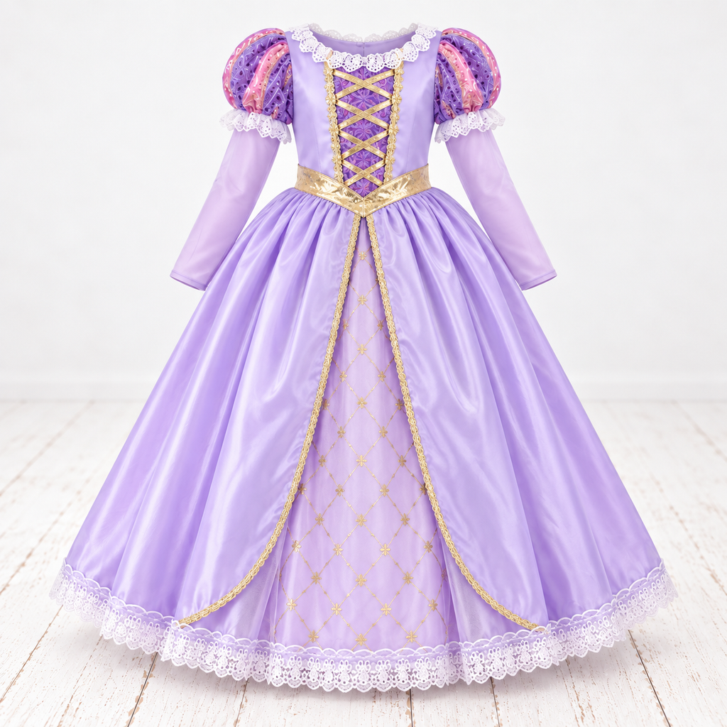 A lavender purple princess-style costume dress with long sleeves, puffed sleeves, lace trim, gold embroidered details, and a gold-and-white laced bodice, shown on a white studio background.
