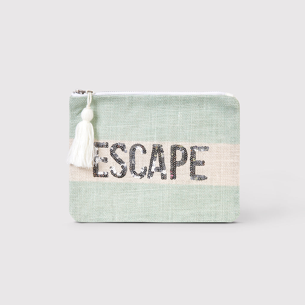 Ophelia - Pretty Pastel Green Clutch/ Pouch with Tassel and Sequins Words