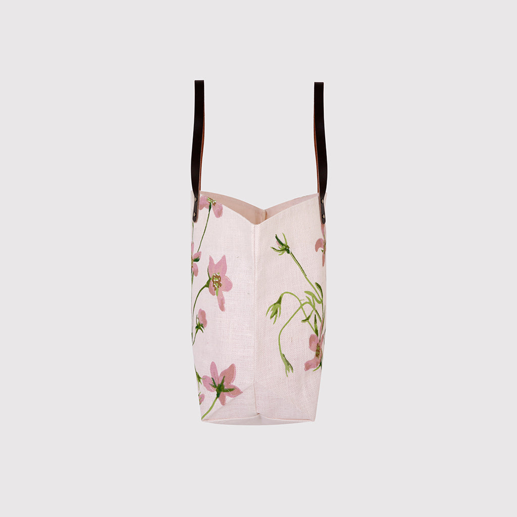 Nyra - Lilac flower Jute Bag with Leather Handles