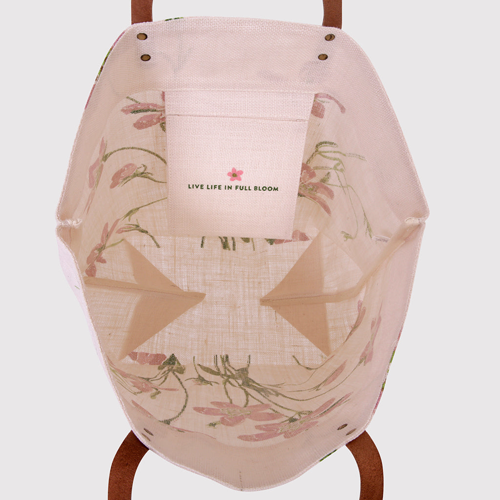 Nyra - Lilac flower Jute Bag with Leather Handles