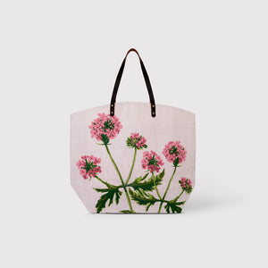 Nyra - Pink Flower design large Jute with Leather handle
