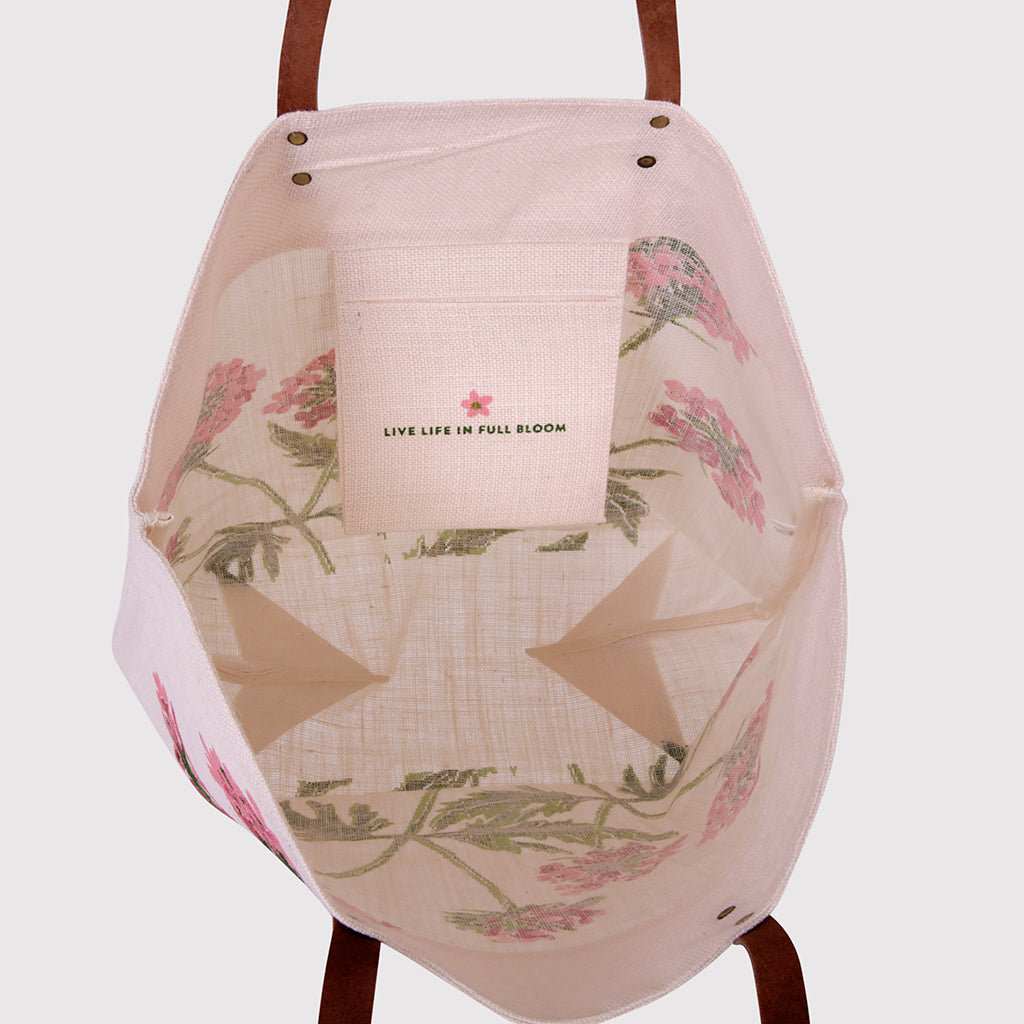Nyra - Lilac flower Jute Bag with Leather Handles