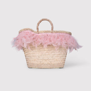 Tabitha - Straw Basket, pretty pink feather trim