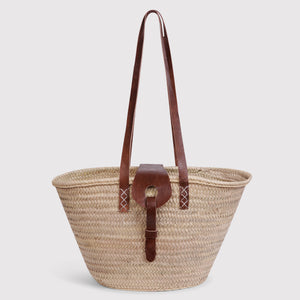 Hattie - Straw Market Basket with Black long leather handles and over strap