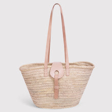 Load image into Gallery viewer, Hattie - Straw Market Basket with Black long leather handles and over strap
