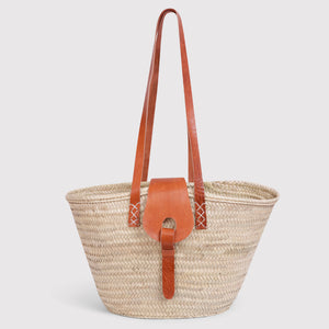 Hattie - Straw Market Basket with Black long leather handles and over strap