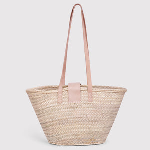 Hattie Straw basket with long pale pink handles and pink over strap