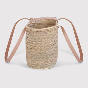 Hattie Straw basket with long pale pink handles and pink over strap